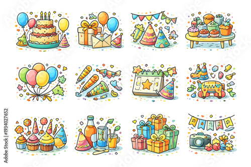 Colorful birthday celebration illustrations with cake, gifts, and party accessories.