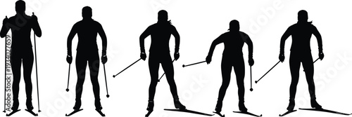Nordic Skier Silhouette Collection in Dynamic Cross Country Skiing Poses Isolated on White Background, Winter Sports Athlete Set for Outdoor Fitness and Snow Adventure
