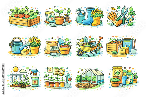 Colorful gardening icons set with tools, plants, and greenhouse illustrations.