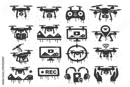 Drone technology icons set with remote, camera, and gps elements in grunge style.