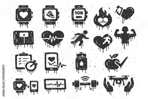Drip-style fitness and health icons, heart rate, exercise, nutrition, strength symbols.