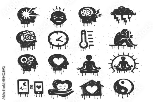 Mental health icons: stress, meditation, yin yang, and emotional wellness symbols.