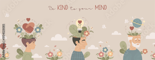 Seamless Border Mental Health. Men Life Cycle. Generations of Wellness Repeatable Pattern From Child to Senior Wisdom. Vector Horizontal Flat Illustration