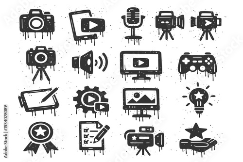 Creative media icons set: photography, video, audio, gaming, and design symbols.