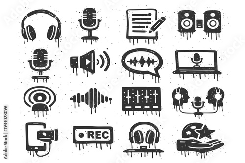 Grunge style audio and podcast icons: microphone, headphones, recording, editing.