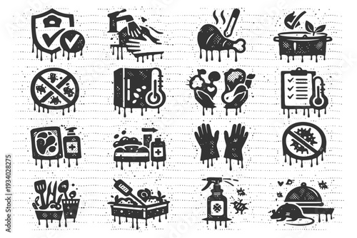 Food safety and hygiene icons: cleanliness, cooking, and storage guidelines.