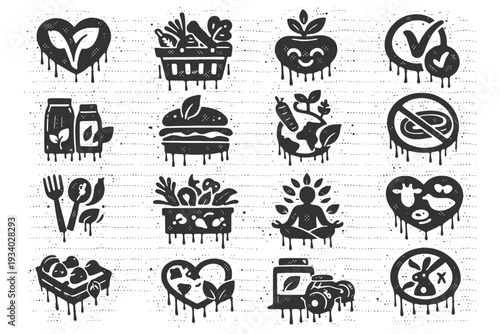 Vegan symbols and icons: heart, basket, apple, check, juice, burger, salad, yoga, milk, rabbit.