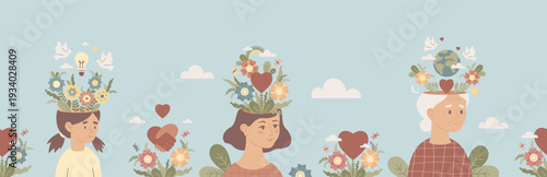 Seamless Mental Health Border. Generations of Women. Wellness Repeatable Pattern. Female Psychology and Life Cycle Child to Senior. Horizontal Vector Flat Illustration