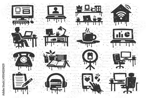 Home office setup icons: computers, workspace, coffee, wi-fi, and office equipment.