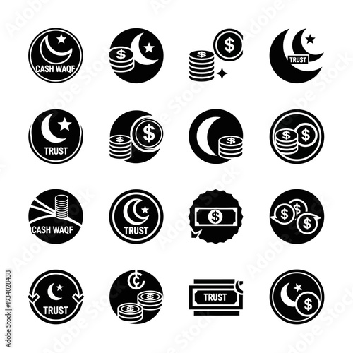 Collection of Islamic finance icons featuring crescent moons, stars, coins, and trust symbols, representing concepts like cash waqf and financial trust.