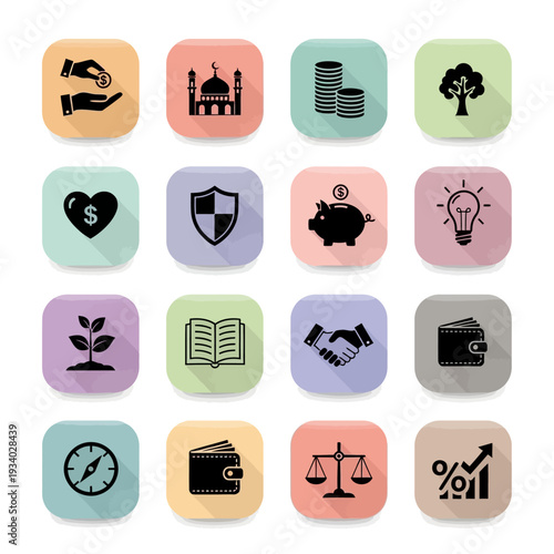 A collection of 16 flat design icons representing various concepts like finance, growth, security, and community.