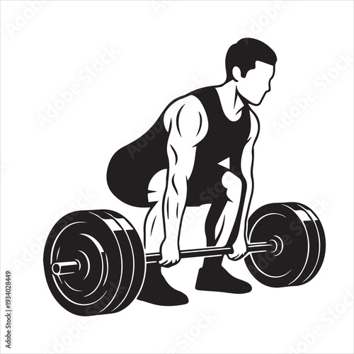 Silhouette of a man lifting weights stands out against the white background.