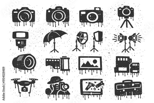 Camera and photography icons set in grunge style.