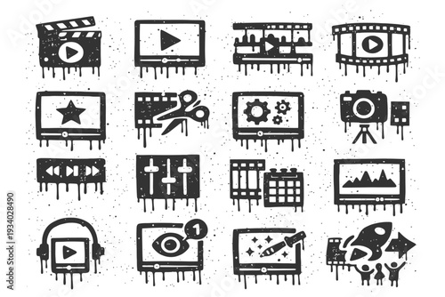 Grunge video editing icons set with dripping paint effect.