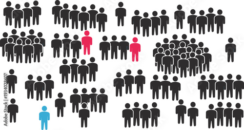 Crowd segmentation concept illustration, diverse people groups with highlighted individuals isolated on white background for marketing and analytics