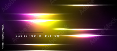 Abstract gradient background. Bright lines radiate from central point. Purple, yellow hues dominate dark space. Modern design element.