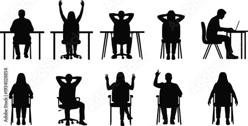 Office Worker Silhouette Collection Featuring People Sitting at Desk, Using Laptop and Expressing Emotions Isolated on White Background for Business and Workplace Concepts