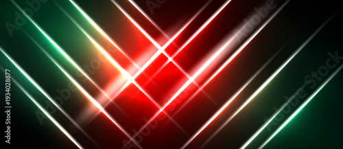 Abstract background features vibrant lines, red center, green sides. Bright streaks create dynamic visual effect. Modern design.