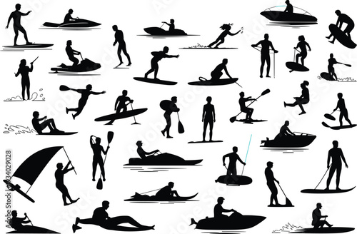 Water sports silhouette collection, surfing kayaking jet skiing and paddleboarding activities isolated on white background vector set