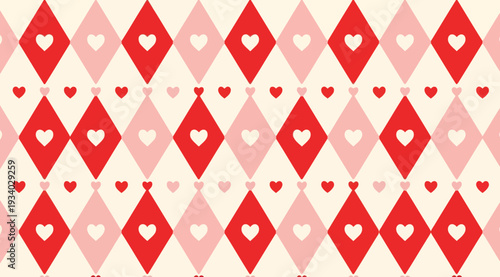 Valentines day seamless pattern with red and pink hearts on cream background for love and romance designs