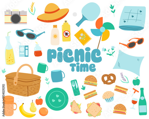 Large flat vector illustration set with picnic themed elements including food, basket, drinks, accessories, sports games, camera, hat, sunglasses, insect repellent and sunscreen with SPF.