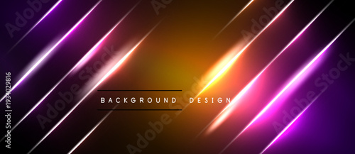 Abstract neon lines create dynamic background. Bright orange center draws attention, purple accents add contrast. Modern design element.