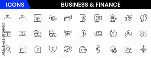 Business and Finance line icons collection. Big UI icon set in a flat design. Thin outline icons pack. Vector illustration