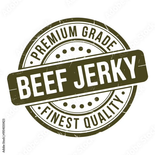A circular stamp proclaims premium grade beef jerky with quality assurances