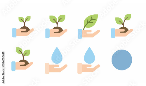 Flat Ecology Icon Set with Hands Holding Plant Leaf Water Drop and Earth Vector Design Elements