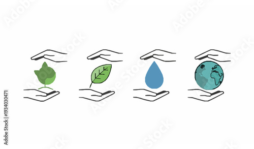 Minimal Line Ecology Icons with Hand Plant Leaf Water and Globe Vector Set on White