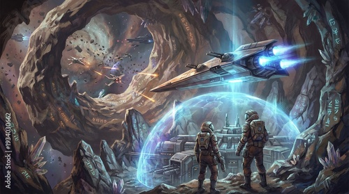 Astronauts with spaceship exploring asteroid rock in space war zone concept. Futuristic space explorers in an alien environment with ship.