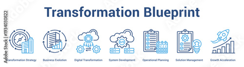 Transformation Blueprint web banner icon set vector illustration concept for business with icon of Transformation Strategy, Business Evolution, Digital Transformation, System Development, Operatio.