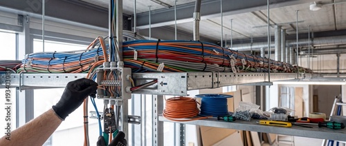 Expert hands meticulously connecting and organizing high-speed network cables within a sophisticated infrastructure system in a modern commercial space
