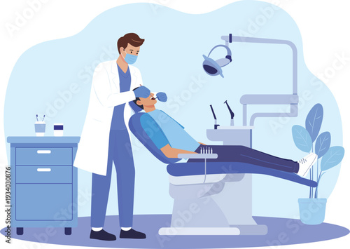Male Dentist in Lab Coat and Face Mask Treating Patient in Modern Dental Clinic, Dental Care and Stomatology Concept Professional Check-up and Treatment, Examining in Medical Office, Flat illustration