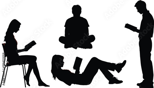 People reading books silhouette set, men and women sitting standing studying black vector illustration isolated on white background