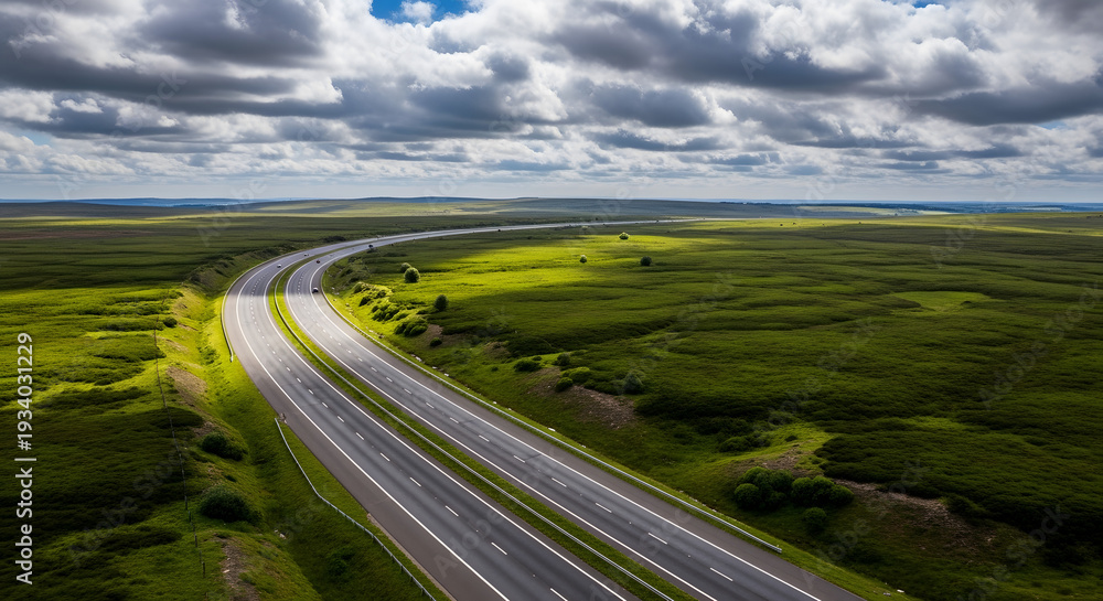Fototapeta premium Scenic highway through vast green landscape under dramatic sky