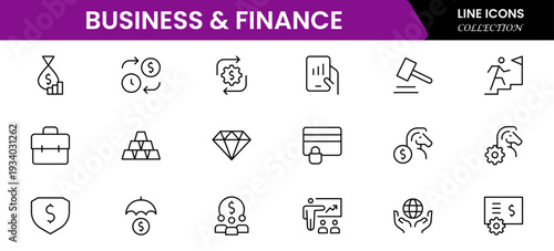 Business and Finance line icons collection. Big UI icon set in a flat design. Thin outline icons pack. Vector illustration