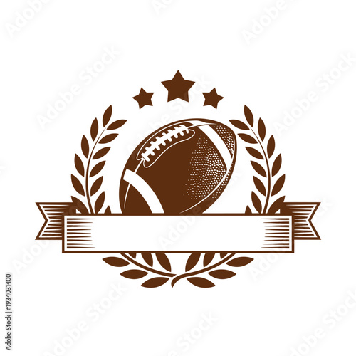 An ornate emblem featuring an american football and laurel wreaths design