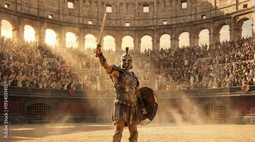 Ancient roman gladiator standing proud in coliseum arena before crowd concept. Gladiator stands victorious in a historic arena filled with spectators.