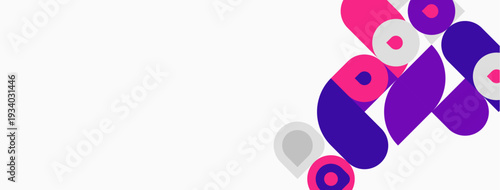 Abstract shapes, vibrant colors, modern design. Pink, purple, white elements create dynamic composition. Minimalist aesthetic.