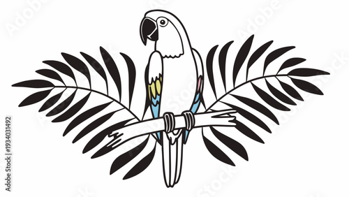 Colorful parrot perched on branch with tropical leaves