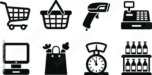 Retail shopping icons set, supermarket cart, barcode scanner, cash register, grocery scale, store shelf vector illustration