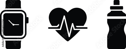 Smartwatch, heart rate monitor, fitness tracker, water bottle icons, health technology and workout lifestyle vector illustration