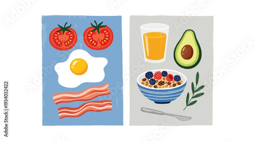 Colorful illustration of breakfast foods including eggs bacon tomatoes and fruit on blue and gray backgrounds
