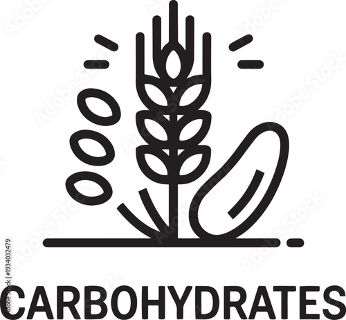 Hand drawn illustration of carbohydrates symbol with bread rice and pasta examples