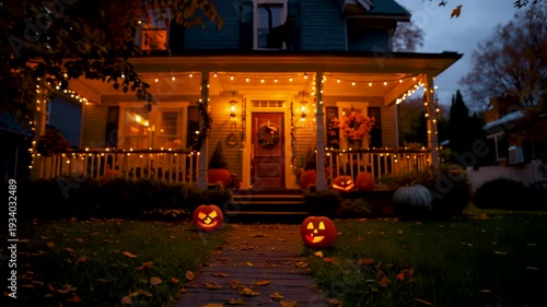 Cozy House With Porch Decorated With String Lights And Jack O Lantern Pumpkins On Path During Halloween Evening