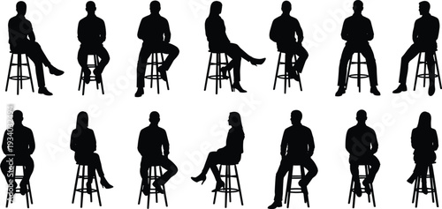 Seated People Silhouette Collection on Bar Stools Featuring Men and Women in Various Sitting Poses Isolated on White Background for Interview and Studio Concepts