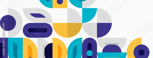 Abstract geometric shapes overlap, creating colorful composition. Modern design utilizes curves, circles, squares, rectangles.