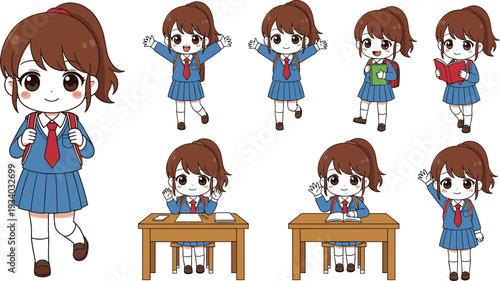Set of cute anime schoolgirl illustrations in various poses and activities Keywords: anime, girl, schoolgirl, student, uniform