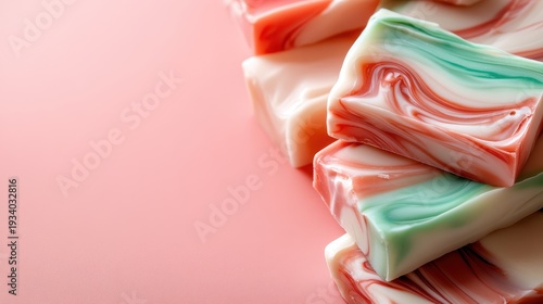 Wallpaper Mural An aesthetically pleasing arrangement of swirled soap bars in vibrant colors, elegantly stacked against a soft pink background, promoting relaxation and personal care. Torontodigital.ca